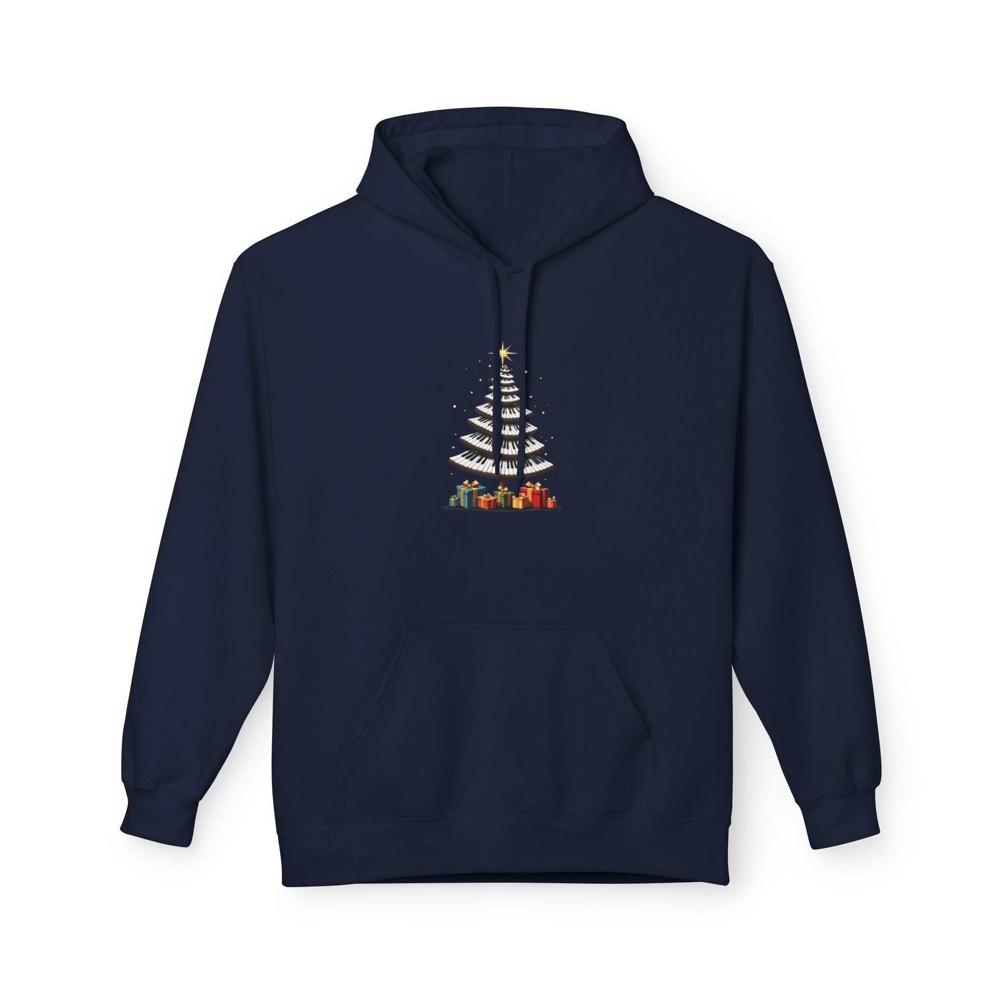 Piano Keys Christmas Tree Navy Blue Hoodie - Unisex Cozy Fleece Pullover for Music Lovers