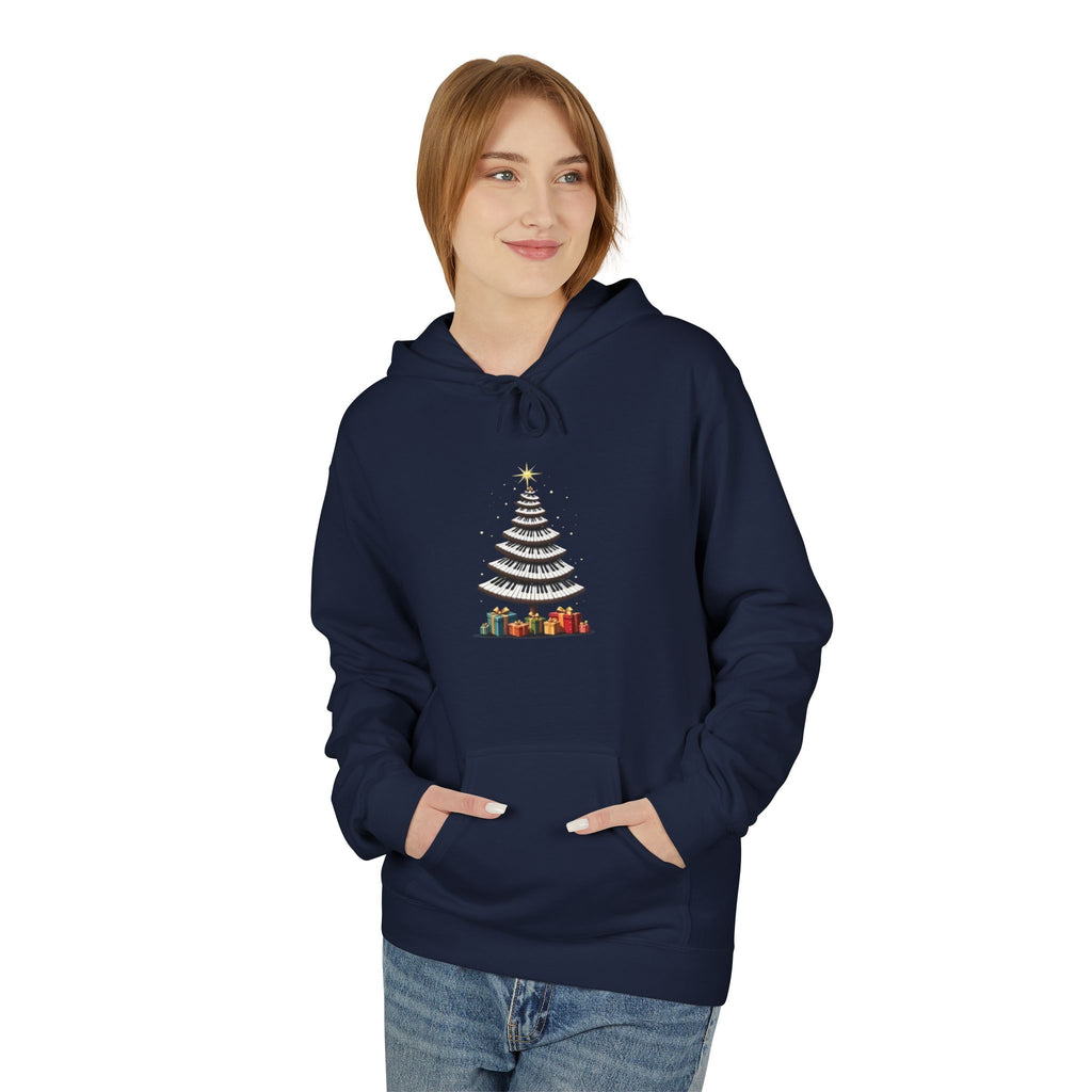 Piano Keys Christmas Tree Navy Blue Hoodie - Unisex Cozy Fleece Pullover for Music Lovers