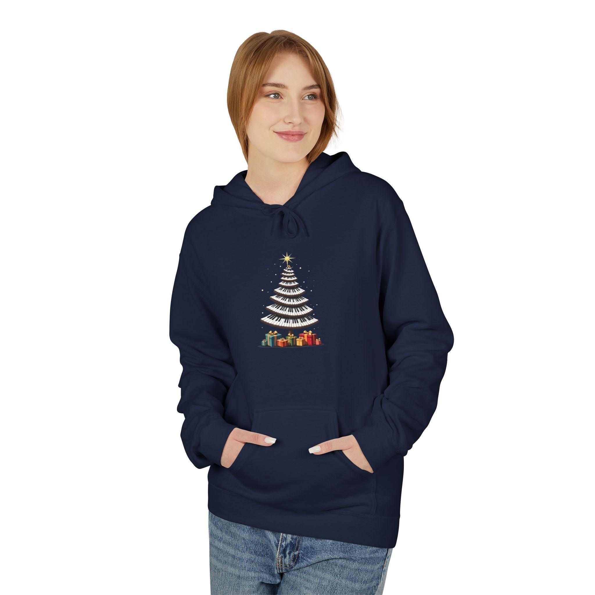 Piano Keys Christmas Tree Navy Blue Hoodie - Unisex Cozy Fleece Pullover for Music Lovers