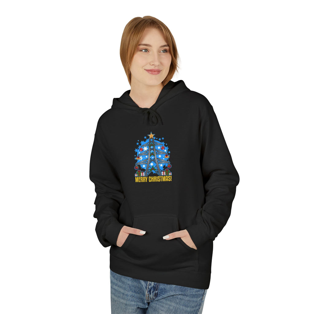Aviation Holiday Tree Hoodie - Cozy Pilot Traveler Winter Sweatshirt with Decorated Plane