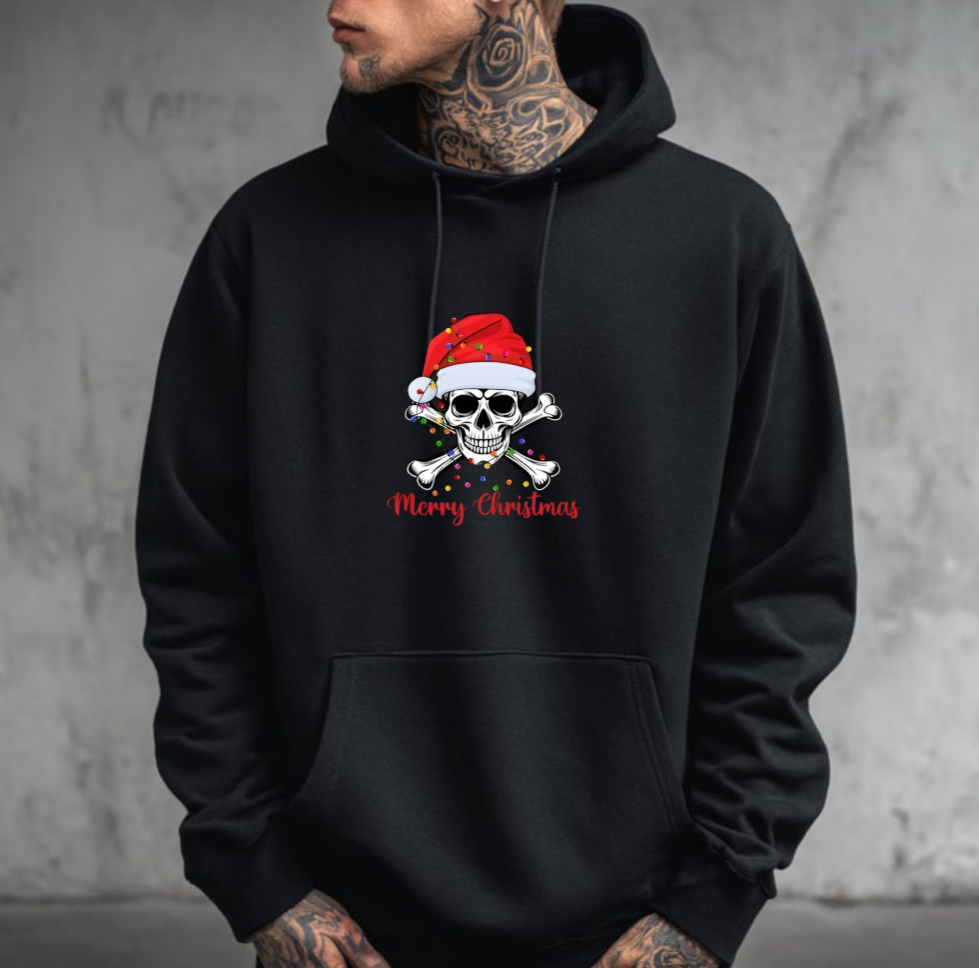 Badass Santa Skull Hoodie - Tangled Lights Crossbones Unisex Soft Fleece