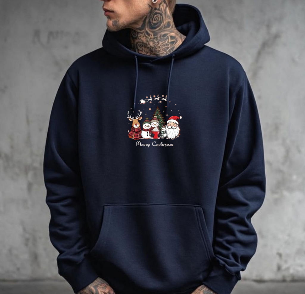 Jolly Christmas Gang Hoodie - Santa, Deer & Snowman Merry Christmas Unisex Pullover