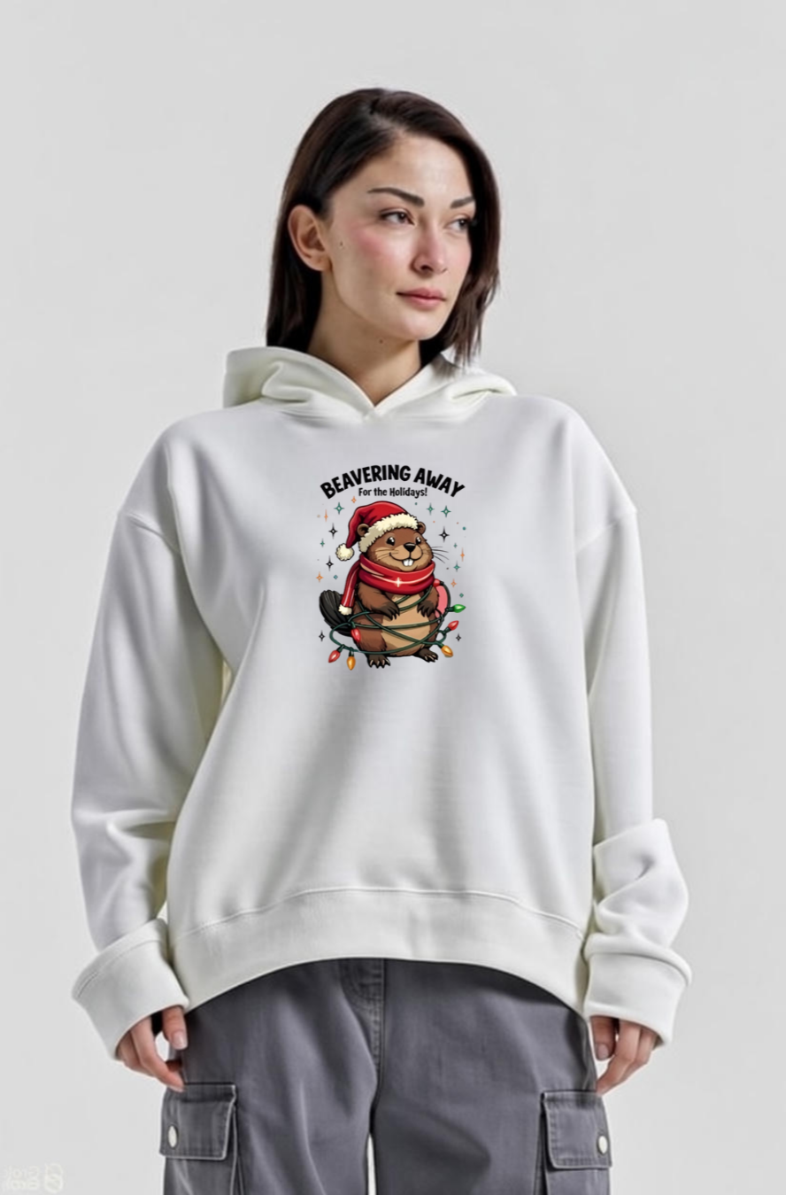 Cute Beaver with Lights Hoodie - Beavering Away Cozy Winter Sweatshirt