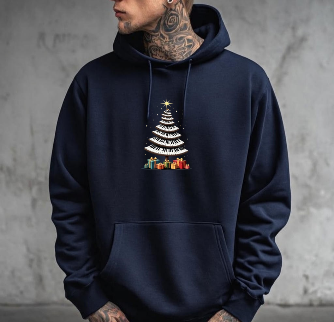 Piano Keys Christmas Tree Navy Blue Hoodie - Unisex Cozy Fleece Pullover for Music Lovers